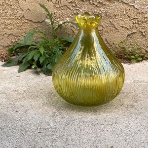 Vintage. Yellow Glass Vase, Narrow Spout with Curve Trim